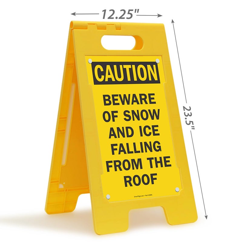 SmartSign 25 x 12 inch â€œCaution - Beware Of Snow And Ice Falling From The Roofâ€ Two-Sided Folding Floor Sign, Digitally Printed Polypropylene Plastic, Black and Yellow, Made in USA - Image 3